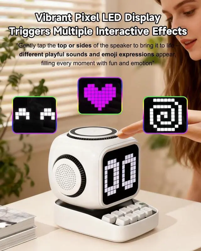 Alt view image 5 of 7 - Retro Robot 5-in-1 Bluetooth Speaker: 15W Wireless Charger, Pixel LED Screen, 10W Stereo Sound & 15 White Noise, Alarm Clock, Cute Portable Wireless Speaker for Bedroom Desk Office, Birthday Gifts