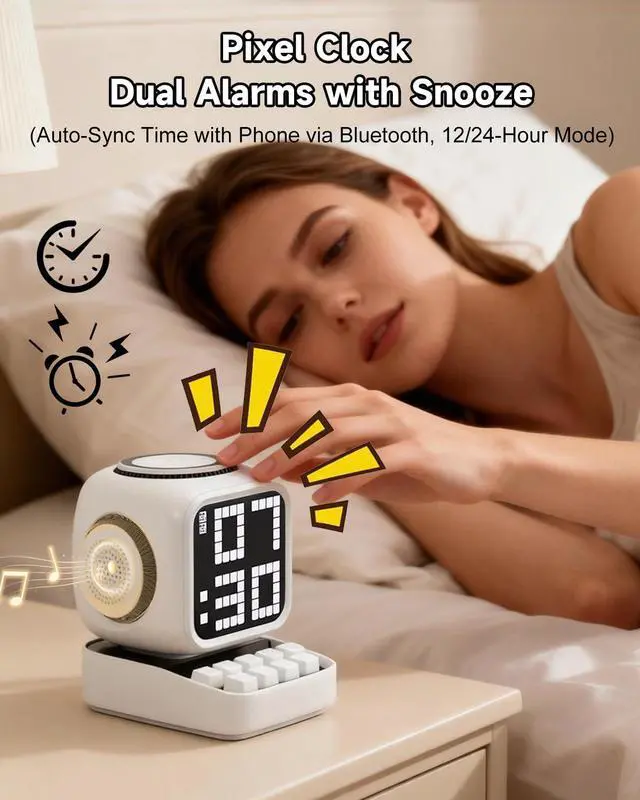 Alt view image 7 of 7 - Retro Robot 5-in-1 Bluetooth Speaker: 15W Wireless Charger, Pixel LED Screen, 10W Stereo Sound & 15 White Noise, Alarm Clock, Cute Portable Wireless Speaker for Bedroom Desk Office, Birthday Gifts