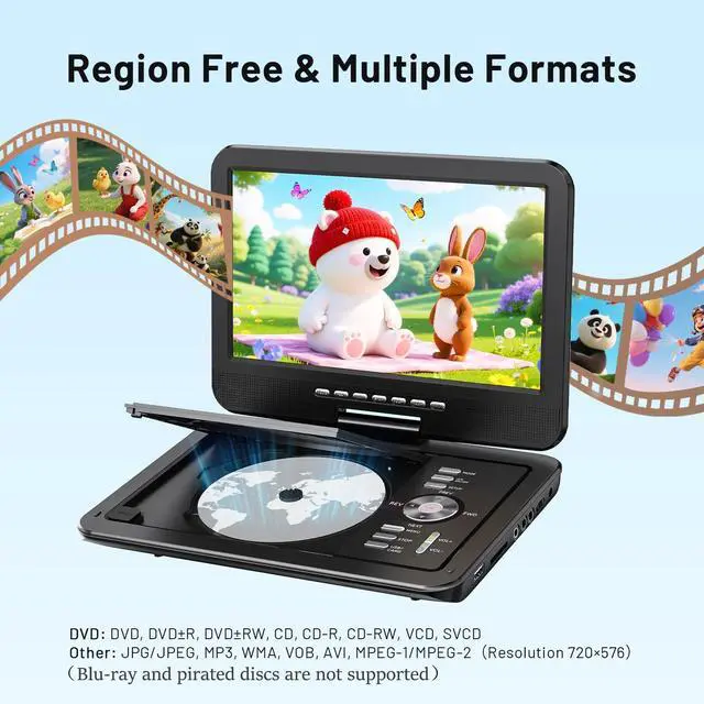 Alt view image 4 of 7 - 12.5" Portable DVD Player with 10.5" HD Swivel Screen, 6-Hour Battery Life, Car DVD Player with Dual Speakers, Supports CD/DVD/USB/SD Card, Include Car Headrest Mount and Remote Control -Black