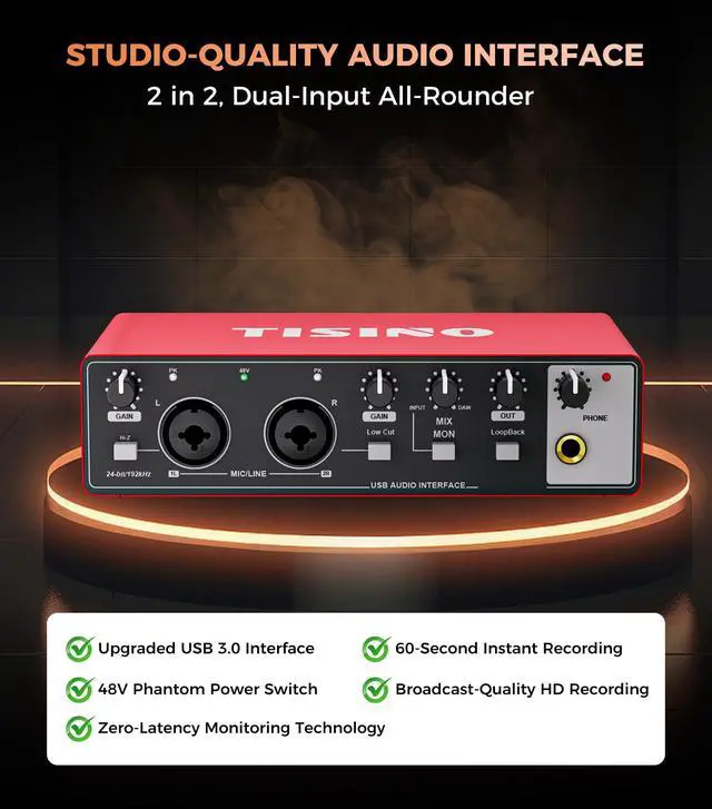 Alt view image 3 of 7 - Audio Interface 24Bit/192kHz, USB Audio Interface for Recording, Songwriting, Streaming and Podcasting, Plug & Play Studio Interface with 48V Phantom Power, PC/Mac/iOS Compatible,RED