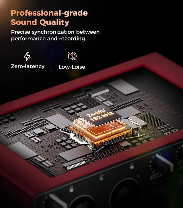 Alt view image 4 of 7 - Audio Interface 24Bit/192kHz, USB Audio Interface for Recording, Songwriting, Streaming and Podcasting, Plug & Play Studio Interface with 48V Phantom Power, PC/Mac/iOS Compatible,RED