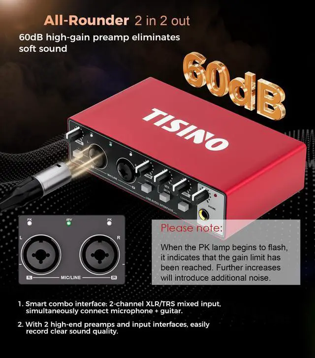 Alt view image 5 of 7 - Audio Interface 24Bit/192kHz, USB Audio Interface for Recording, Songwriting, Streaming and Podcasting, Plug & Play Studio Interface with 48V Phantom Power, PC/Mac/iOS Compatible,RED