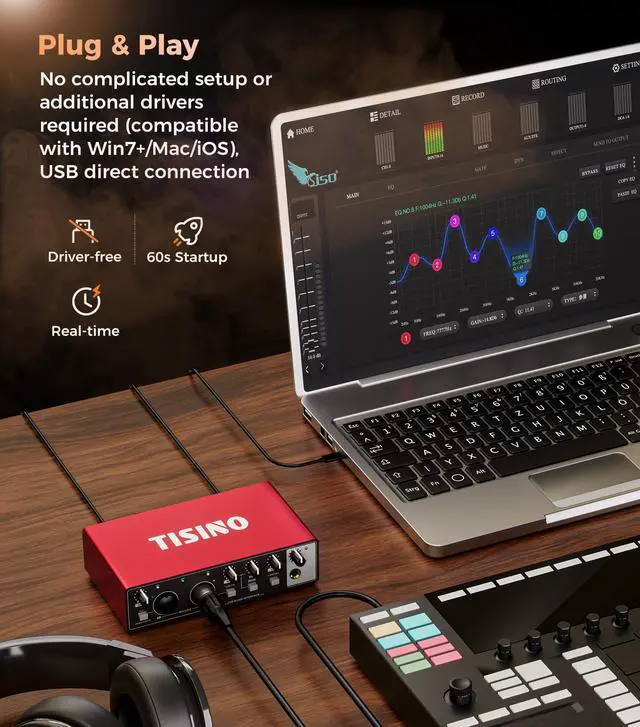 Alt view image 6 of 7 - Audio Interface 24Bit/192kHz, USB Audio Interface for Recording, Songwriting, Streaming and Podcasting, Plug & Play Studio Interface with 48V Phantom Power, PC/Mac/iOS Compatible,RED