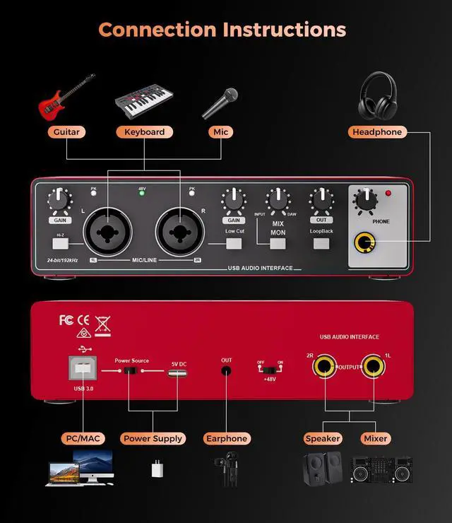 Alt view image 7 of 7 - Audio Interface 24Bit/192kHz, USB Audio Interface for Recording, Songwriting, Streaming and Podcasting, Plug & Play Studio Interface with 48V Phantom Power, PC/Mac/iOS Compatible,RED