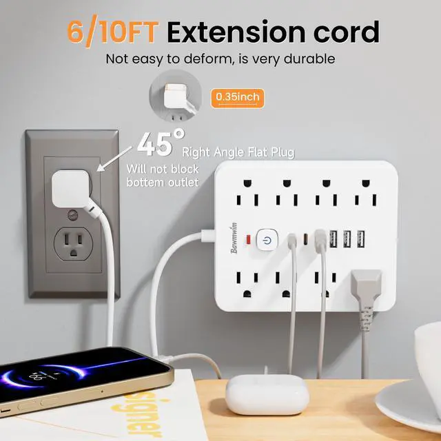 Alt view image 5 of 6 - Surge Protector Power Strip - 8 Outlets(1850W/15A/14AWG) 4 USB A2 USB C, 6FT Flat Plug Extension Cord, Wall Mount Multi Plug Outlet Extender, ETL Listed for Home