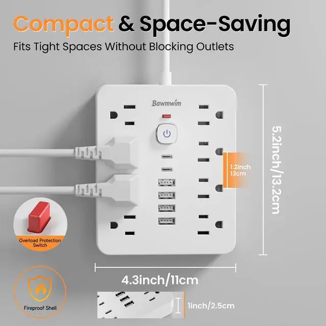 Alt view image 6 of 6 - Surge Protector Power Strip - 8 Outlets(1850W/15A/14AWG) 4 USB A2 USB C, 6FT Flat Plug Extension Cord, Wall Mount Multi Plug Outlet Extender, ETL Listed for Home