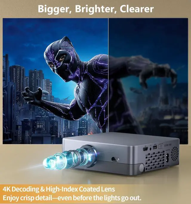 Alt view image 2 of 5 - Mini Projector with WiFi and Bluetooth, Native 1080P Portable Outdoor Movie Short Throw Projector with Android 14, Built-in Speaker, Compatible with Smartphone, Fire TV Stick, HDMI/USB