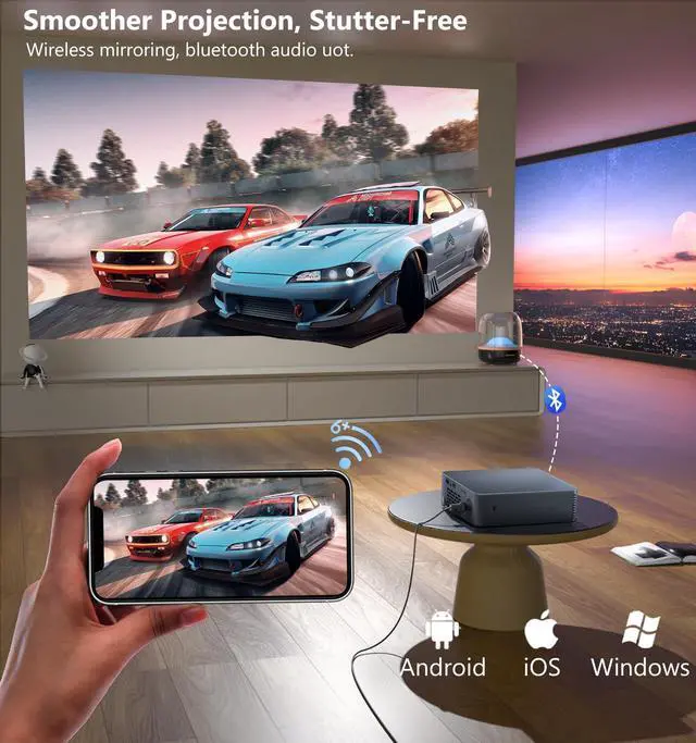 Alt view image 5 of 5 - Mini Projector with WiFi and Bluetooth, Native 1080P Portable Outdoor Movie Short Throw Projector with Android 14, Built-in Speaker, Compatible with Smartphone, Fire TV Stick, HDMI/USB