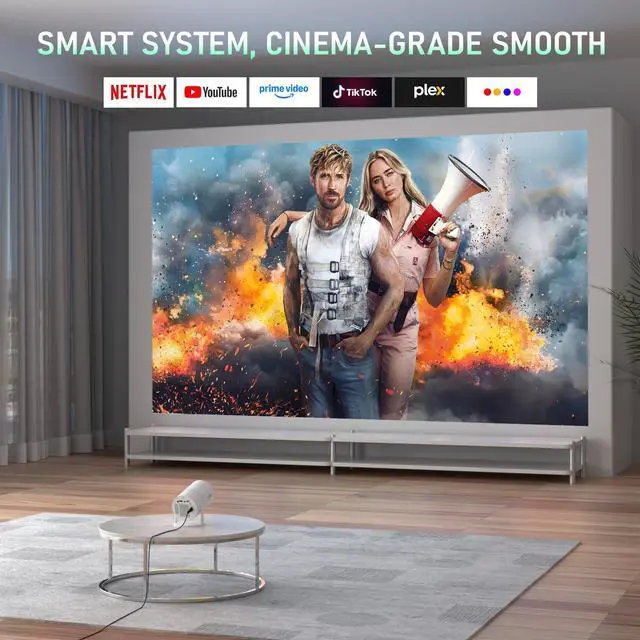Alt view image 3 of 7 - Bone white Projector & Built-in AppsMini Projector with Wi-Fi and Bluetooth, Full HD 1080P Smart Portable Projector with 210° Stand, Auto Vertical Keystone, Compatible with HDMI/USB/TV Stick