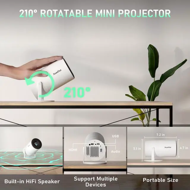 Alt view image 7 of 7 - Bone white Projector & Built-in AppsMini Projector with Wi-Fi and Bluetooth, Full HD 1080P Smart Portable Projector with 210° Stand, Auto Vertical Keystone, Compatible with HDMI/USB/TV Stick