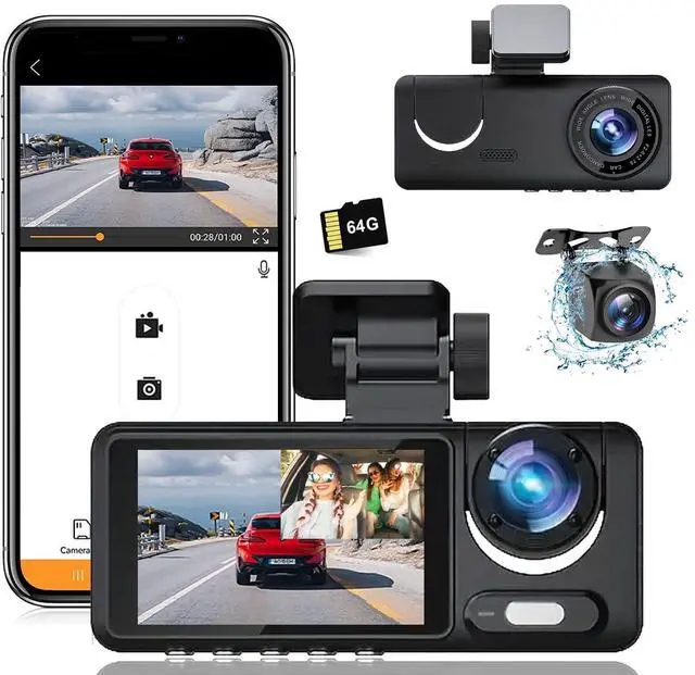 Main image of Dash Camera, 3 Channel Dash Cam Front and Rear, Full HD Dash Camera for Cars with 64G SD Card Car Dashboard Camera Recorder with 2'' IPS Screen 170°Wide Angle,WDR G-Sensor Parking Mode