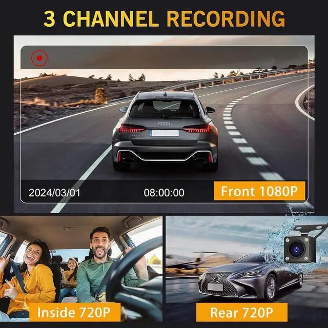 Alt view image 2 of 7 - Dash Camera, 3 Channel Dash Cam Front and Rear, Full HD Dash Camera for Cars with 64G SD Card Car Dashboard Camera Recorder with 2'' IPS Screen 170°Wide Angle,WDR G-Sensor Parking Mode