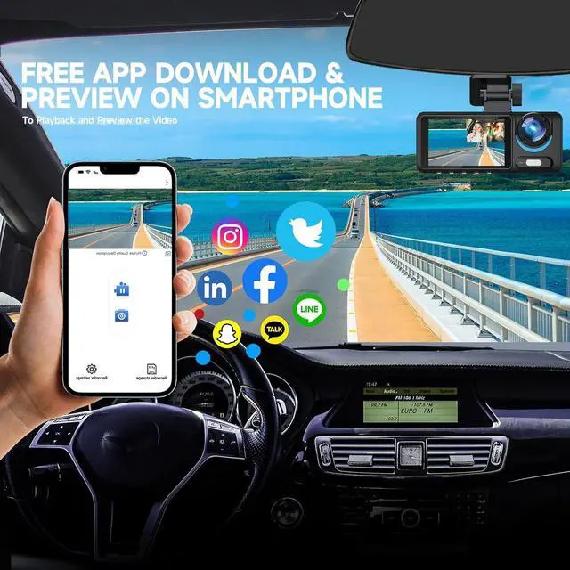 Alt view image 3 of 7 - Dash Camera, 3 Channel Dash Cam Front and Rear, Full HD Dash Camera for Cars with 64G SD Card Car Dashboard Camera Recorder with 2'' IPS Screen 170°Wide Angle,WDR G-Sensor Parking Mode