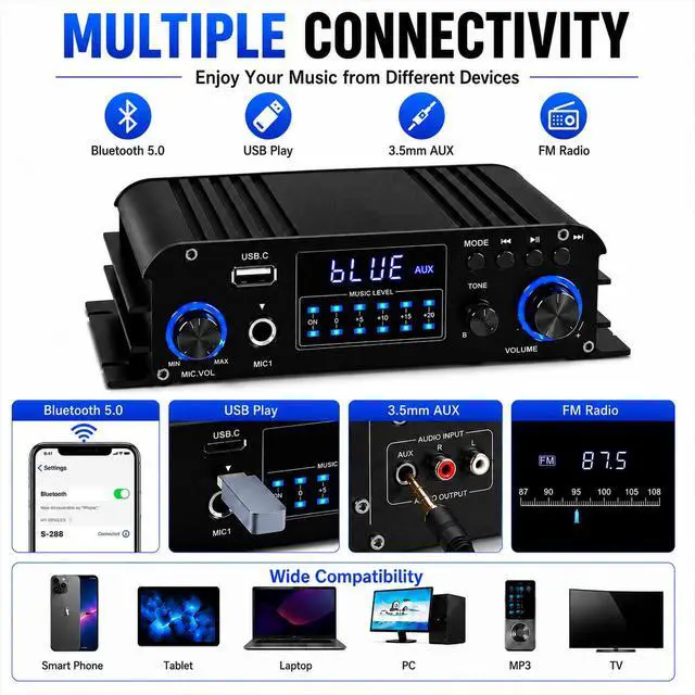 Alt view image 3 of 7 - 4 Channel Bluetooth 5.0 Stereo Amplifier, 50Wx4 Home Audio Stereo Receiver, 1200W Max, USB/SD/FM, Class D HiFi Power Amp for Home Theater, Car & Karaoke, Includes Remote & Power Adapter