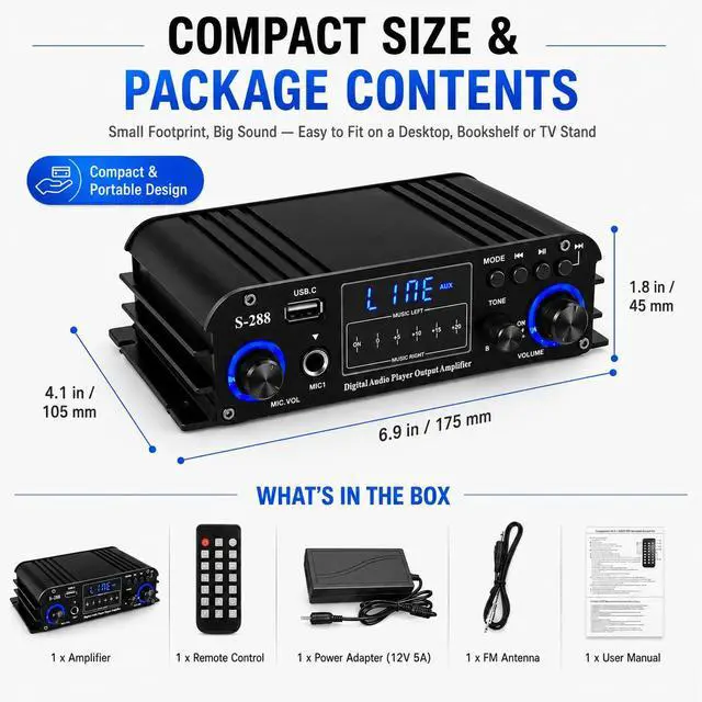 Alt view image 7 of 7 - 4 Channel Bluetooth 5.0 Stereo Amplifier, 50Wx4 Home Audio Stereo Receiver, 1200W Max, USB/SD/FM, Class D HiFi Power Amp for Home Theater, Car & Karaoke, Includes Remote & Power Adapter