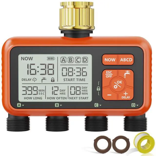 Main image of Sprinkler Timer 4 Zone with Brass Inlet Water Timer for Garden Hose Programmable Hose Faucet Controller with Independent Zone Control Custom Rain Delay Manual&Auto Watering Child Lock for Yard Lawn