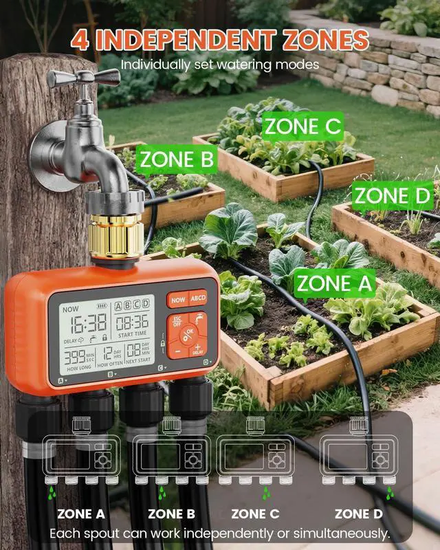 Alt view image 3 of 7 - Sprinkler Timer 4 Zone with Brass Inlet Water Timer for Garden Hose Programmable Hose Faucet Controller with Independent Zone Control Custom Rain Delay Manual&Auto Watering Child Lock for Yard Lawn