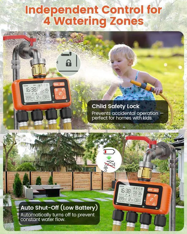 Alt view image 4 of 7 - Sprinkler Timer 4 Zone with Brass Inlet Water Timer for Garden Hose Programmable Hose Faucet Controller with Independent Zone Control Custom Rain Delay Manual&Auto Watering Child Lock for Yard Lawn