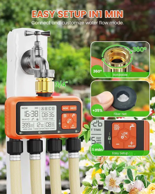 Alt view image 7 of 7 - Sprinkler Timer 4 Zone with Brass Inlet Water Timer for Garden Hose Programmable Hose Faucet Controller with Independent Zone Control Custom Rain Delay Manual&Auto Watering Child Lock for Yard Lawn