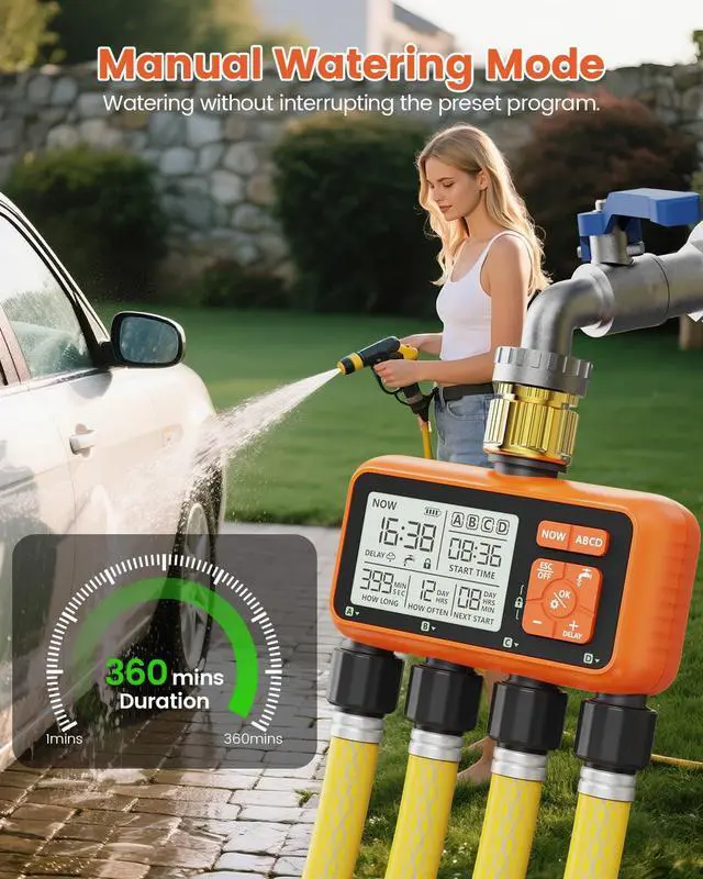 Alt view image 6 of 7 - Sprinkler Timer 4 Zone with Brass Inlet Water Timer for Garden Hose Programmable Hose Faucet Controller with Independent Zone Control Custom Rain Delay Manual&Auto Watering Child Lock for Yard Lawn