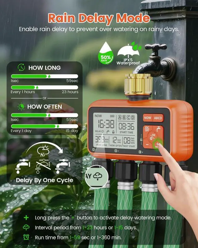 Alt view image 5 of 7 - Sprinkler Timer 4 Zone with Brass Inlet Water Timer for Garden Hose Programmable Hose Faucet Controller with Independent Zone Control Custom Rain Delay Manual&Auto Watering Child Lock for Yard Lawn