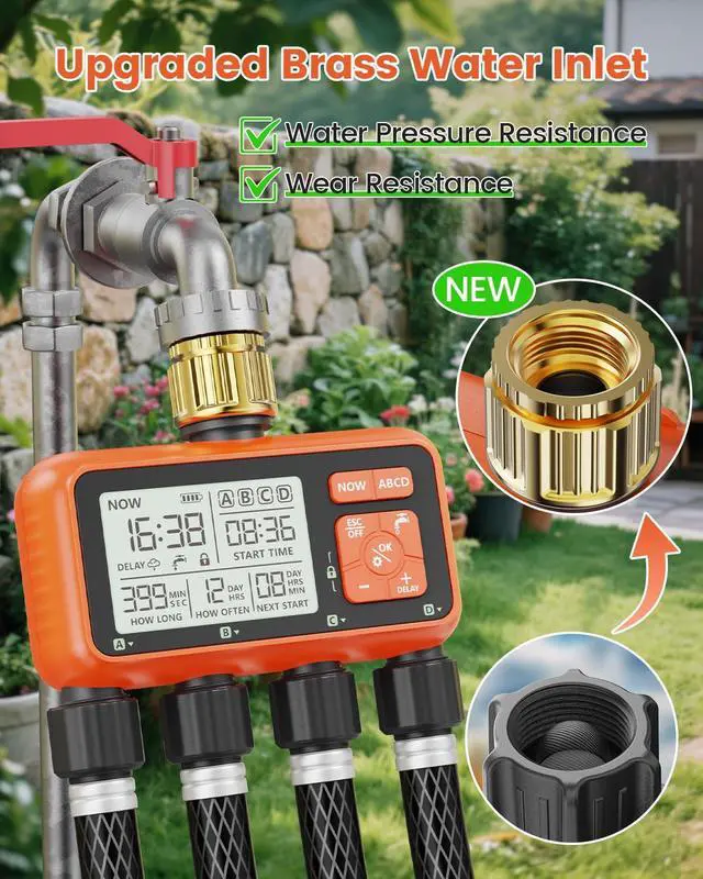 Alt view image 2 of 7 - Sprinkler Timer 4 Zone with Brass Inlet Water Timer for Garden Hose Programmable Hose Faucet Controller with Independent Zone Control Custom Rain Delay Manual&Auto Watering Child Lock for Yard Lawn