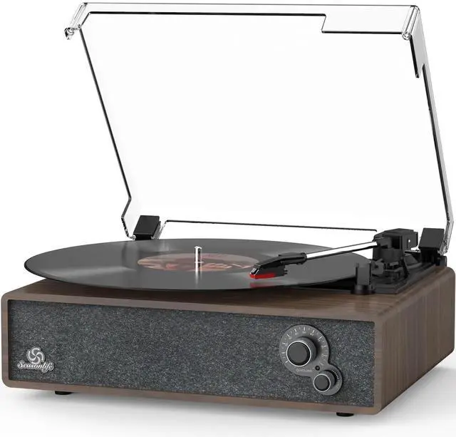 Main image of Record Player Vintage Turntable for Vinyl Records Built-in Stereo Speakers LP Phonograph Auto Stop Tone Adjustment Belt Drive 3 Speed 3 Size Support Wireless Input RCA Output Retro Coffee Brown