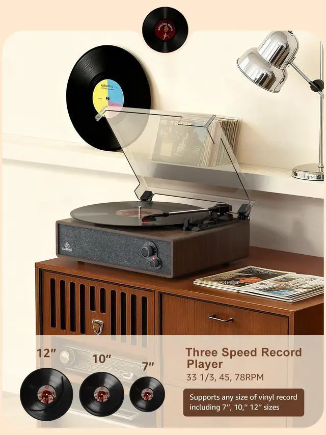 Alt view image 2 of 7 - Record Player Vintage Turntable for Vinyl Records Built-in Stereo Speakers LP Phonograph Auto Stop Tone Adjustment Belt Drive 3 Speed 3 Size Support Wireless Input RCA Output Retro Coffee Brown