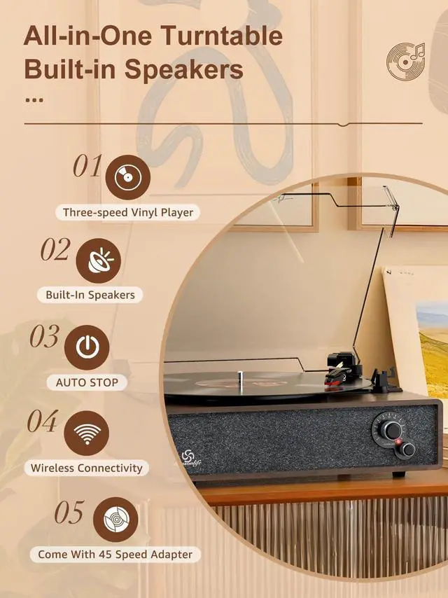 Alt view image 5 of 7 - Record Player Vintage Turntable for Vinyl Records Built-in Stereo Speakers LP Phonograph Auto Stop Tone Adjustment Belt Drive 3 Speed 3 Size Support Wireless Input RCA Output Retro Coffee Brown