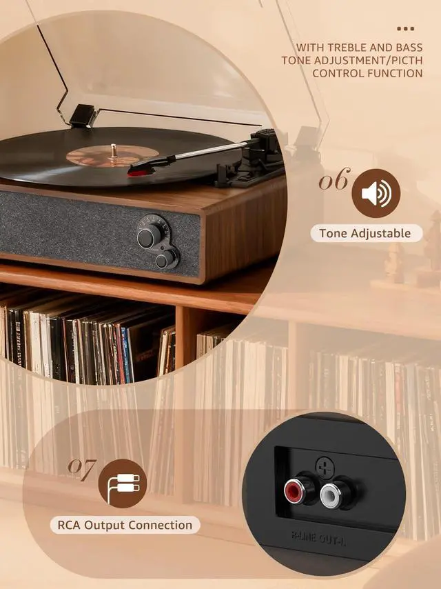 Alt view image 6 of 7 - Record Player Vintage Turntable for Vinyl Records Built-in Stereo Speakers LP Phonograph Auto Stop Tone Adjustment Belt Drive 3 Speed 3 Size Support Wireless Input RCA Output Retro Coffee Brown