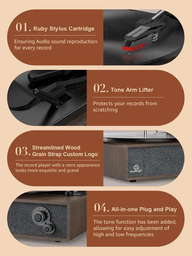 Alt view image 7 of 7 - Record Player Vintage Turntable for Vinyl Records Built-in Stereo Speakers LP Phonograph Auto Stop Tone Adjustment Belt Drive 3 Speed 3 Size Support Wireless Input RCA Output Retro Coffee Brown