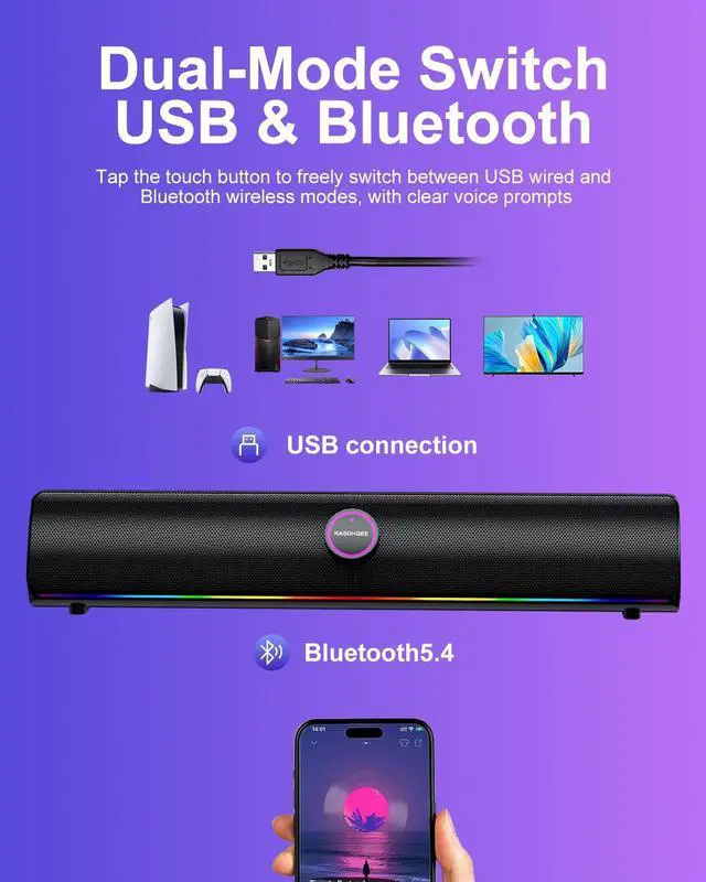 Alt view image 4 of 7 - Computer Speakers for Desktop PC, Bluetooth 5.4 Sound Bar with Bass Boost, RGB Light Modes & Touch Buttons HiFi Stereo USB Speakers for Gaming, Movies, Music, and Home Office
