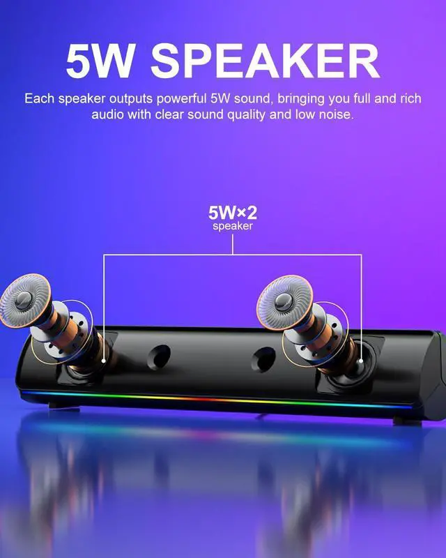 Alt view image 5 of 7 - Computer Speakers for Desktop PC, Bluetooth 5.4 Sound Bar with Bass Boost, RGB Light Modes & Touch Buttons HiFi Stereo USB Speakers for Gaming, Movies, Music, and Home Office