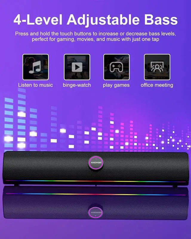 Alt view image 6 of 7 - Computer Speakers for Desktop PC, Bluetooth 5.4 Sound Bar with Bass Boost, RGB Light Modes & Touch Buttons HiFi Stereo USB Speakers for Gaming, Movies, Music, and Home Office