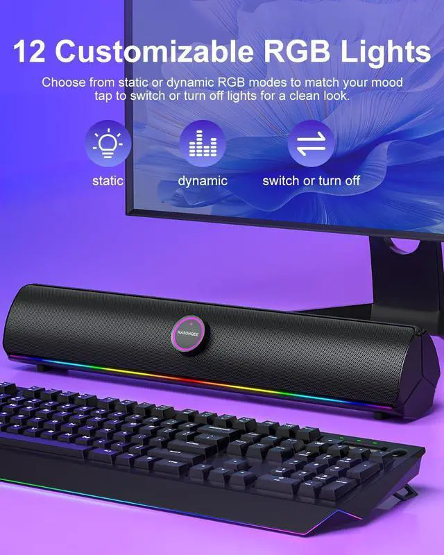 Alt view image 2 of 7 - Computer Speakers for Desktop PC, Bluetooth 5.4 Sound Bar with Bass Boost, RGB Light Modes & Touch Buttons HiFi Stereo USB Speakers for Gaming, Movies, Music, and Home Office