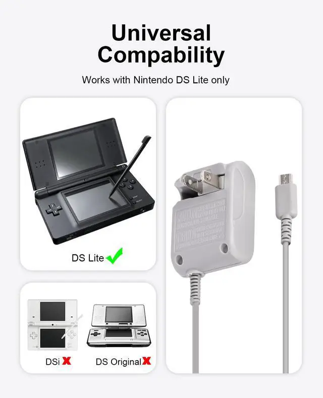 Alt view image 2 of 7 - DS Lite Charger Kit, AC Power Adapter & USB Charging Cable for Nintendo DS Lite Wall Plug Charger Cord
