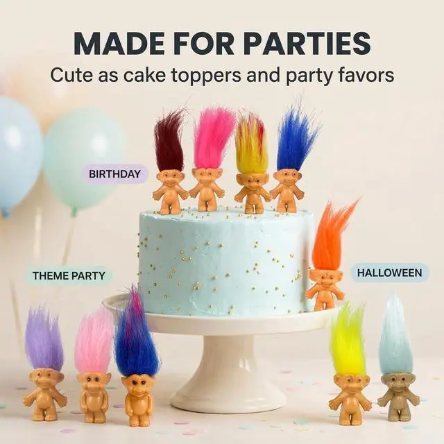 Alt view image 5 of 7 - 10PCS Mini troll Dolls, Assorted Hair Colors Vintage troll Dolls Action Figures 1.2" Cake Toppers Chromatic Adorable Cute Little Guys Collection, School Project, Arts Crafts, Party Favors