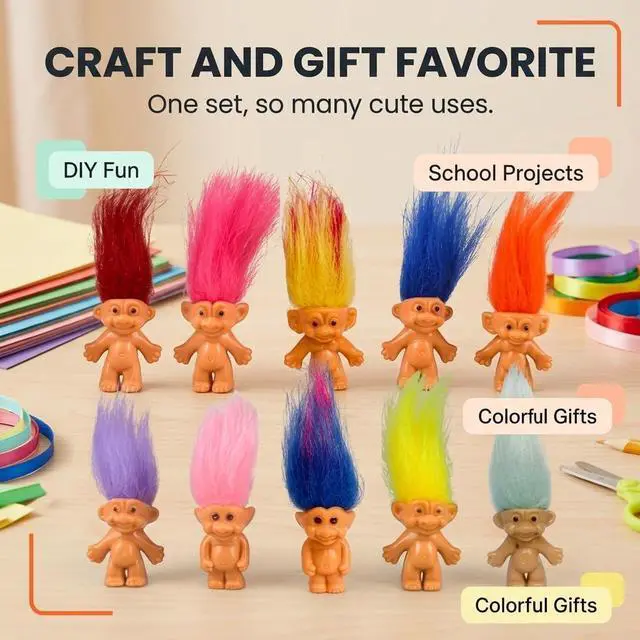 Alt view image 6 of 7 - 10PCS Mini troll Dolls, Assorted Hair Colors Vintage troll Dolls Action Figures 1.2" Cake Toppers Chromatic Adorable Cute Little Guys Collection, School Project, Arts Crafts, Party Favors