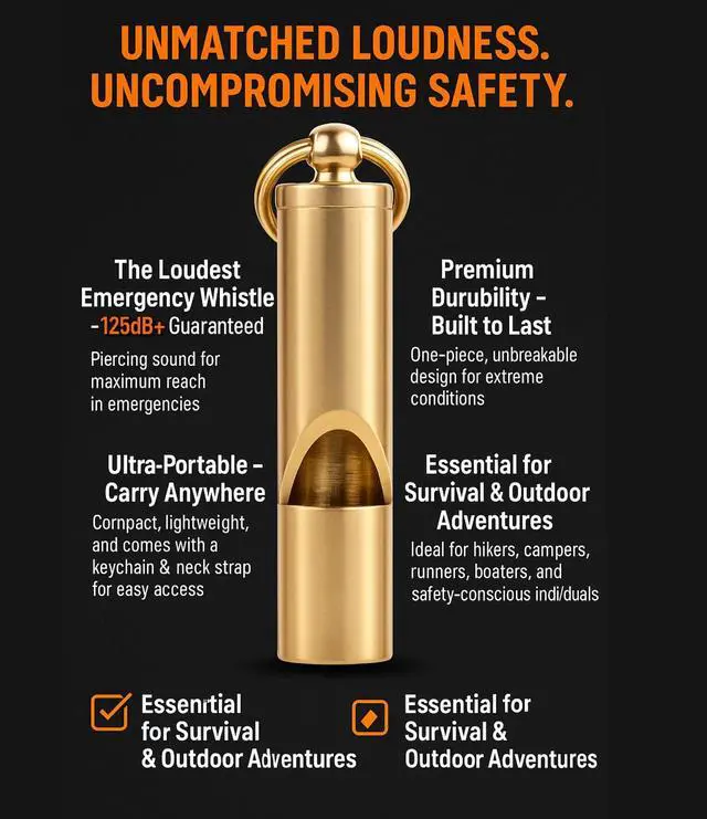 Alt view image 5 of 7 - Loudest Brass Whistle The Original 2-Inch Premium Emergency Whistle 125db+ One Piece Outdoor Survival Whistle On Key-Chain or Hang Around Your Neck and Carry it Anywhere!