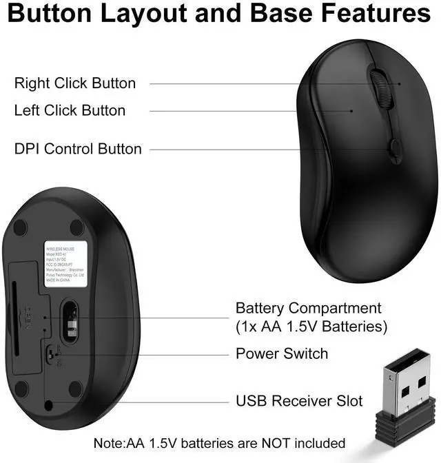 Alt view image 7 of 7 - Wireless Mouse for Laptop, 2.4GHz Computer Mouse for Work, 12-Month Battery Life, 3 Adjustable DPI 800/ 1200/ 1600, Office Cordless USB Mice with USB A Receiver for PC, Laptop, Desktop, Mac -Black
