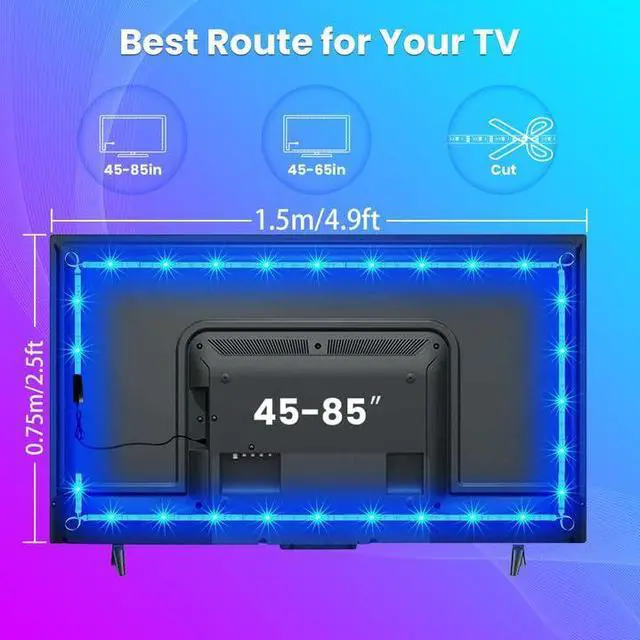 Alt view image 4 of 7 - LED Lights for TV, 15FT Led Backlight for 45-65 inch TVs, Bluetooth RGB LED Lights Behind Television with Remote, USB Powered, Color Changing, Music Sync, for Gaming Room,Desk,Under Table