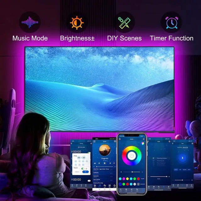 Alt view image 7 of 7 - LED Lights for TV, 15FT Led Backlight for 45-65 inch TVs, Bluetooth RGB LED Lights Behind Television with Remote, USB Powered, Color Changing, Music Sync, for Gaming Room,Desk,Under Table