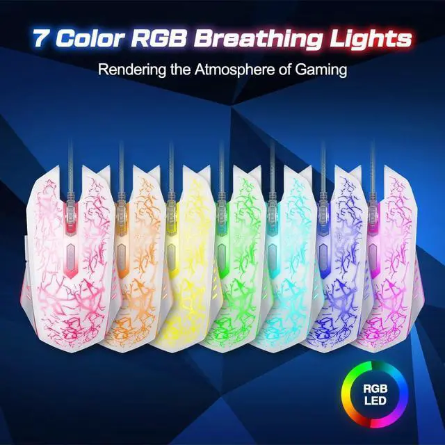 Alt view image 4 of 7 - Wired Gaming Mouse, Computer Mouse Ergonomic Mice with 7 LED Lights RGB Backlit, 6 Programmable Buttons, 4 Adjustable DPI for Laptop PC Gamer Desktop Chromebook Mac Games-White