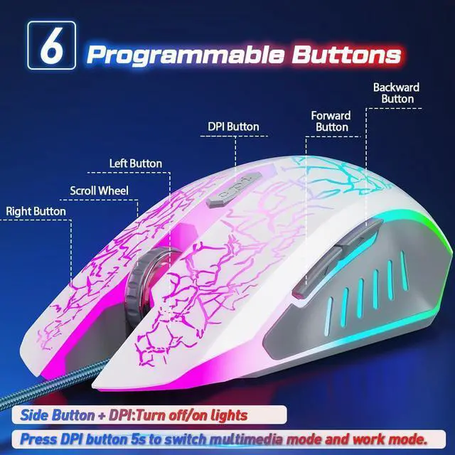 Alt view image 5 of 7 - Wired Gaming Mouse, Computer Mouse Ergonomic Mice with 7 LED Lights RGB Backlit, 6 Programmable Buttons, 4 Adjustable DPI for Laptop PC Gamer Desktop Chromebook Mac Games-White