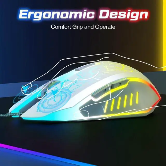 Alt view image 3 of 7 - Wired Gaming Mouse, Computer Mouse Ergonomic Mice with 7 LED Lights RGB Backlit, 6 Programmable Buttons, 4 Adjustable DPI for Laptop PC Gamer Desktop Chromebook Mac Games-White