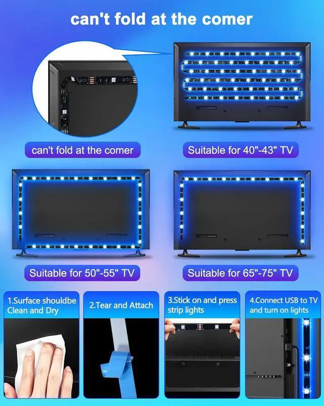 Alt view image 5 of 7 - LED Lights for TV 40-65 inch TV Behind Lighting, 13.1ft TV Led Backlight TV Led Light Strip, USB Powered RGB Lights Behind with Remote, Music Sync Bluetooth APP Control for Bedroom