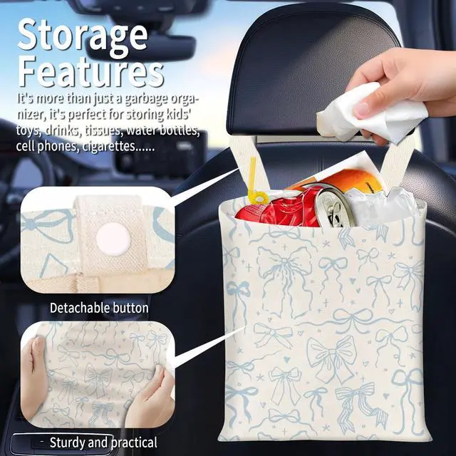 Alt view image 2 of 5 - Hanging Car Garbage Bag, Cute Car Trash Can Bag, Automotive Accessories for Women Men Cute Blue Bow