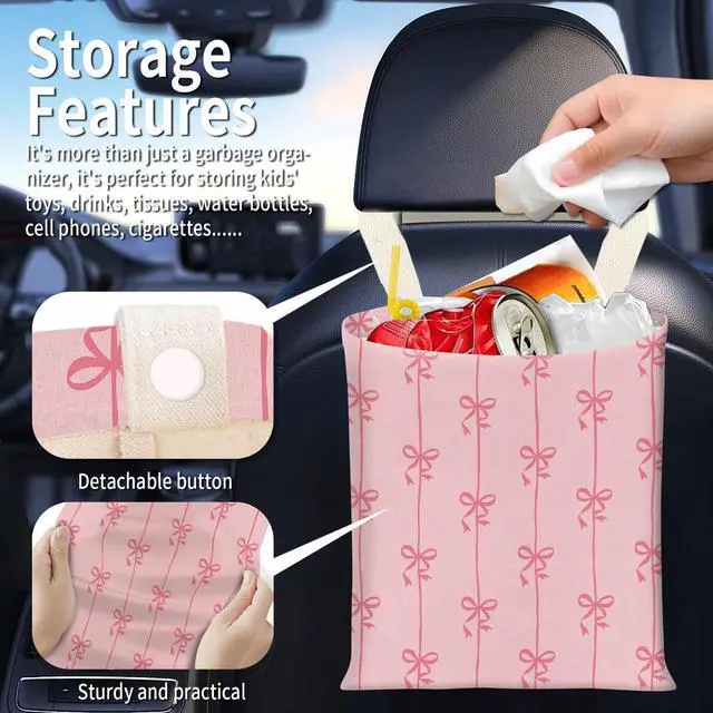 Alt view image 2 of 5 - Hanging Car Garbage Bag, Cute Car Trash Can Bag, Automotive Accessories for Women Men Cute Pink Bow Stripe