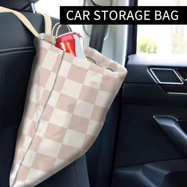 Alt view image 2 of 5 - Car Trash Can, Cute Car Trash Bag, Hanging Car Organizer and Storage Bag, Trash Bin for Car Accessories, Vehicle, Travelling, Camping Cute Champagne Checkerboard