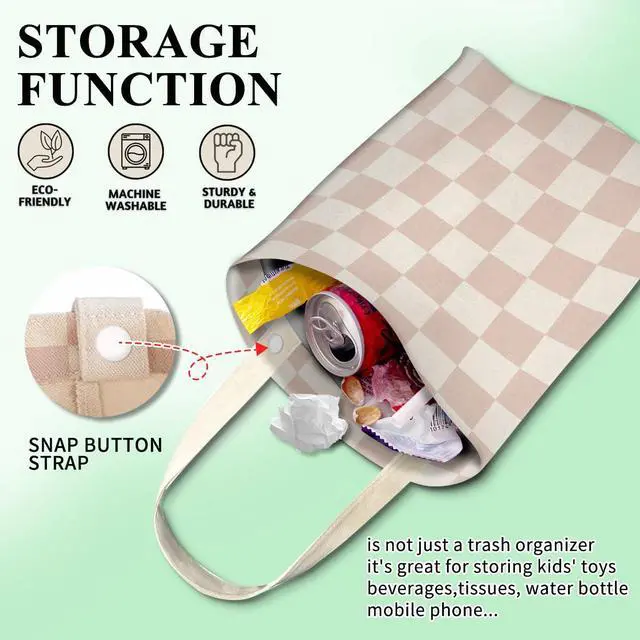 Alt view image 3 of 5 - Car Trash Can, Cute Car Trash Bag, Hanging Car Organizer and Storage Bag, Trash Bin for Car Accessories, Vehicle, Travelling, Camping Cute Champagne Checkerboard